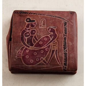 Tooled Leather Coin Purse Mother Child India Fold Up Snap 1960s Vintage